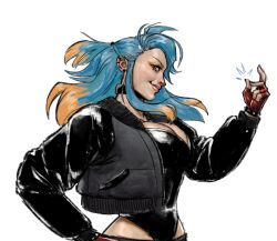 Rule 34 | 1girl, black choker, black coat, black leotard, blonde hair, blue hair, borrowed character, breasts, choker, cleavage, coat, ear piercing, earrings, extrarium, fingerless gloves, gloves, hand up, jewelry, large breasts, leotard, looking at viewer, multicolored hair, original, piercing, profile, red gloves, simple background, smile, solo, stray (scott malin), two-tone hair, upper body, white background