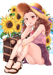 Rule 34 | 1girl, argyle, arm rest, armpit peek, belt, blush, bracelet, breasts, brown footwear, brown hair, brown skirt, casual, cloud, cloudy sky, collared shirt, curly hair, day, earrings, eyelashes, feet, fingernails, flower, forehead, full body, hand on leg, hand on own cheek, hand on own face, hat, hat ribbon, highres, idolmaster, idolmaster cinderella girls, jewelry, knees up, legs together, long hair, looking at viewer, mary janes, neck ribbon, outside border, pink shirt, purple ribbon, red eyes, red ribbon, ribbon, ring, sandals, seki hiromi, shirt, shoes, sirurabbit, sitting, skirt, skirt set, sky, sleeveless, sleeveless shirt, small breasts, smile, solo, square, straw hat, suitcase, sunflower, toenails, toes, tongue, tongue out, upskirt, white background