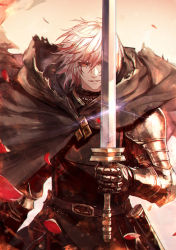 Rule 34 | 1boy, armor, belt, black cloak, chainmail, cloak, eyes visible through hair, ezel the king of fire and iron, gauntlets, highres, holding, holding sword, holding weapon, male focus, multicolored hair, parted lips, pauldrons, petals, pixiv fantasia, pixiv fantasia last saga, red eyes, red hair, ryuuzaki ichi, scabbard, sheath, shoulder armor, smile, solo, sword, torn clothes, unsheathed, upper body, vambraces, weapon, white hair