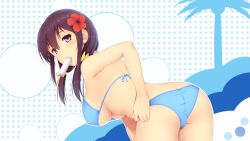 Rule 34 | 1girl, ass, bent over, bikini, blue bikini, blush, breasts, brown eyes, brown hair, butt crack, flower, food in mouth, hair flower, hair ornament, hibiscus, highres, large breasts, long hair, looking back, low twintails, mijinko (rioriorio), original, popsicle, solo, swimsuit, twintails, underboob