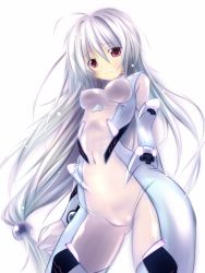 Rule 34 | 00s, 1girl, ahoge, arm behind back, blush, bodysuit, breasts, cameltoe, contrapposto, covered erect nipples, covered navel, cowboy shot, foreshortening, from below, frown, gloves, grey theme, hair between eyes, hair ornament, highres, hip focus, iriya kana, iriya no sora ufo no natsu, koai, koiai, light particles, long hair, looking at viewer, looking down, low-tied long hair, narrow waist, neon trim, nipples, purple eyes, purple hair, raised eyebrows, red eyes, simple background, skin tight, small breasts, solo, standing, turtleneck, very long hair, white background