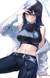 Rule 34 | 1girl, absurdres, arm support, arm up, bare shoulders, baseball cap, belt, black belt, black pants, black shirt, blue archive, blue eyes, blue hair, blue hat, breasts, commentary request, crop top, daehoak, hat, highres, jacket, large breasts, leggings, long hair, long sleeves, looking at viewer, midriff, navel, off shoulder, open clothes, open jacket, pants, saori (blue archive), shirt, simple background, sleeveless, sleeveless shirt, solo, stomach, thighs, white background, white jacket