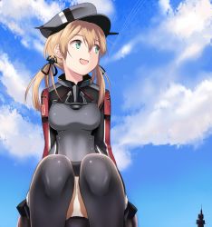 Rule 34 | 10s, 1girl, anchor hair ornament, aqua eyes, bad id, bad pixiv id, black skirt, black thighhighs, blonde hair, blue sky, cloud, cloudy sky, day, eko, hair ornament, hat, kantai collection, looking up, military, military uniform, panties, pantyshot, peaked cap, pleated skirt, prinz eugen (kancolle), sitting, skirt, sky, solo, thighhighs, twintails, underwear, uniform, white panties