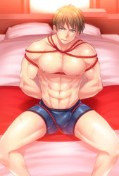 Rule 34 | 1boy, abs, bara, bdsm, bed, blue eyes, blue male underwear, bondage, bound, bound arms, boxer briefs, brown hair, bulge, clenched teeth, erection, erection under clothes, feet out of frame, large pectorals, looking at viewer, male focus, male underwear, muscular, muscular male, navel, nipples, on bed, original, pectorals, pillow, red rope, restrained, rope, short hair, sitting, solo, spread legs, teeth, thick thighs, thighs, underwear, underwear only, xxxxchild, yaoi