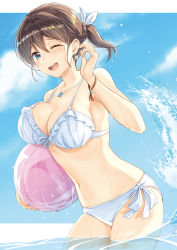 Rule 34 | 1girl, ;d, ball, bare shoulders, beachball, bikini, blue bikini, blue eyes, blue sky, blush, bracelet, breasts, brown hair, cleavage, cloud, collarbone, cowboy shot, day, earrings, frilled bikini, frilled swimsuit, frills, front-tie top, hair between eyes, hair ribbon, holding, holding ball, jewelry, looking at viewer, medium breasts, medium hair, mono lith, navel, necklace, ocean, one eye closed, open mouth, original, outdoors, panties, partially submerged, ribbon, shell, shell earrings, side-tie panties, sky, smile, solo, standing, stomach, swimsuit, underwear, water, water drop, wet, wet hair, white ribbon