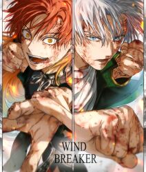 Rule 34 | 2boys, absurdres, blood, blood on hands, blue eyes, chika takiishi, clenched hand, commentary, copyright name, fighting stance, gradient hair, green jacket, highres, jacket, korean commentary, male focus, multicolored hair, multiple boys, open mouth, orange hair, red hair, shirt, smile, split screen, teeth, tongue, two-tone hair, umemiya hajime, upper body, v-shaped eyebrows, white hair, white shirt, wind breaker (nii satoru), yellow eyes, yoon (dmsco1803)