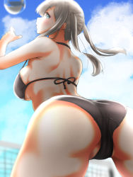 Rule 34 | 1girl, alternate costume, ass, ass focus, ball, beachball, bikini, black bikini, blonde hair, blue eyes, blue sky, blush, breasts, cloud, day, graf zeppelin (kancolle), highres, kantai collection, large breasts, looking back, looking down, open mouth, sidelocks, sky, solo, swimsuit, tama (tamago), volleyball, volleyball (object)