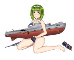 Rule 34 | 1girl, bad id, bad pixiv id, breasts, chibiosaka, frown, full body, green eyes, green hair, hairband, holding, kantai collection, kneeling, machinery, medium breasts, medium hair, new school swimsuit, one-piece swimsuit, original, school swimsuit, solo, submarine, swimsuit, tears, two-tone hairband, watercraft