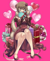 Rule 34 | 1girl, balloon, bow, box, breasts, brown eyes, brown gloves, brown hair, cleavage, cloak, dress, elbow gloves, flower, full body, fur-trimmed cloak, fur trim, gate of nightmares, gift, gift box, gloves, hair flower, hair ornament, heart-shaped box, heart balloon, high heels, highres, holding, holding gift, large breasts, looking at viewer, mashima hiro, mei fang (gate of nightmares), official alternate costume, official art, red bow, red dress, red flower, red footwear, red ribbon, red rose, ribbon, rose, short hair, silver ribbon, sitting, solo, strapless, strapless dress, valentine