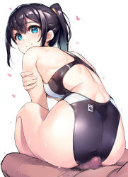 Rule 34 | 1boy, 1girl, aqua eyes, ass, bad id, bad pixiv id, bare arms, bare shoulders, black hair, black one-piece swimsuit, blush, buttjob, buttjob over clothes, censored, closed mouth, competition swimsuit, grabbing own arm, hair between eyes, hair tie, heart, highres, looking at viewer, looking back, medium hair, mosaic censoring, one-piece swimsuit, original, penis, ponytail, shimazu tekkou, simple background, sitting, smile, solo focus, swimsuit, white background