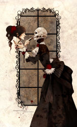 Rule 34 | 1girl, architecture, ascot, black dress, blood, bow, brown hair, dress, flower, goth fashion, gothic architecture, hair flower, hair ornament, headless, highres, holding, jewelry, lace, large bow, long hair, md5 mismatch, nekokirara, no eyes, original, ponytail, red flower, red rose, resized, resolution mismatch, ribbon, ring, rose, severed head, skull, solo, source smaller, standing, text focus, upscaled, watermark, web address, window, wristband