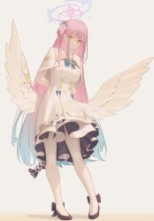 Rule 34 | 1girl, absurdres, angel wings, arm behind back, black footwear, blue archive, blue hair, capelet, closed mouth, commentary, dress, flower, full body, gradient hair, gun, hair bun, hair flower, hair ornament, halo, hand on own arm, high heels, highres, holding, holding gun, holding weapon, komodo, lanchester smg, long hair, looking at viewer, low wings, mika (blue archive), multicolored hair, pantyhose, pink hair, pink nails, pumps, single side bun, smile, solo, standing, submachine gun, very long hair, weapon, white capelet, white dress, white pantyhose, wings, yellow eyes
