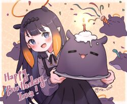 Rule 34 | 1girl, :3, :d, artist name, birthday, black dress, black ribbon, blunt bangs, blush, border, brown background, candle, center-flap bangs, character name, closed eyes, closed mouth, collared shirt, commentary request, confetti, dress, eyelashes, fang, fire, gradient hair, halo, hands up, happy birthday, hat, headpiece, highres, holding, holding tray, hololive, hololive english, icing, long hair, long sleeves, looking at viewer, multicolored hair, neck ribbon, ninomae ina&#039;nis, ninomae ina&#039;nis (casual), official alternate costume, open mouth, orange hair, outside border, party hat, party horn, party popper, pinafore dress, pinstripe pattern, pleated dress, pointy ears, purple eyes, purple hair, purple shirt, ribbon, rie ccat, shirt, sidelocks, simple background, sleeveless, sleeveless dress, smile, streamers, striped clothes, striped shirt, takodachi (ninomae ina&#039;nis), tentacle hair, tray, twitter username, vertical-striped clothes, vertical-striped shirt, very long hair, virtual youtuber, white border, wing collar