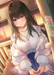 Rule 34 | 1girl, apartment, bag, blue skirt, blurry, blush, brown bag, brown eyes, brown hair, cardigan, closed mouth, commentary request, depth of field, flying sweatdrops, frown, highres, long hair, long sleeves, looking down, niichi (komorebi-palette), open door, opening door, original, ousaka nanami, plaid shawl, pov, puffy long sleeves, puffy sleeves, shawl, shirt, shoulder bag, skirt, solo, sweat, turtleneck, upper body, v arms, white cardigan, yellow shirt