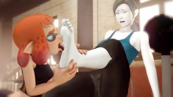 Rule 34 | 20s, 2girls, 3d, animated, barefoot, black mask, black tank top, blue tank top, breasts, colored skin, crossover, domino mask, feet, foot grab, foot worship, grabbing, grey eyes, grey hair, gym uniform, highres, indoors, inkling player character, interspecies, large breasts, licking, licking foot, looking at viewer, looping animation, mask, matching hair/eyes, medium hair, midriff, multiple girls, negativecoresfm, nintendo, open mouth, orange eyes, orange hair, orange stripes, pants, pointy ears, ponytail, short hair, sitting, size difference, sleeveless, small breasts, soles, source filmmaker (medium), splatoon (series), splatoon 1, spots, standing, striped, super smash bros., tank top, tentacle hair, toes, tongue, tongue out, video, white skin, wii fit, wii fit trainer, wii fit trainer (female), yoga pants, yuri