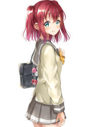 Rule 34 | 1girl, absurdres, bag, bag charm, blush, bow, breasts, brown shirt, charm (object), closed mouth, commentary request, cowboy shot, green eyes, grey sailor collar, grey skirt, hair between eyes, hand up, highres, kurosawa ruby, long hair, long sleeves, looking at viewer, looking to the side, love live!, love live! sunshine!!, pleated skirt, red hair, sailor collar, school bag, school uniform, serafuku, shirt, sidelocks, simple background, sin (sin52y), skirt, small breasts, smile, solo, two side up, uranohoshi school uniform, white background, yellow bow