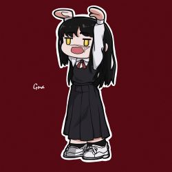 Rule 34 | 1girl, absurdres, arms up, black dress, black hair, black socks, chainsaw man, collared shirt, dress, gna (mtac8272), highres, long hair, looking to the side, meme, open mouth, pinafore dress, red background, sakana~ (meme), scar, scar on face, shirt, simple background, sleeveless dress, socks, solo, white footwear, white shirt, yellow eyes, yoru (chainsaw man)