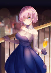Rule 34 | 1girl, balcony, bare shoulders, blurry, blurry background, blush, breasts, champagne flute, cleavage, cocktail dress, collarbone, cup, depth of field, detached collar, detached sleeves, dress, drinking glass, fate/grand order, fate (series), feet out of frame, glint, gloves, hair over one eye, highres, holding, holding cup, large breasts, lens flare, looking at viewer, mash kyrielight, mash kyrielight (chaldea dinnertime), night, official alternate costume, outdoors, parted lips, pink hair, purple dress, purple eyes, purple gloves, railing, red plate (kyuu45), short hair, smile, solo, sparkle, standing, strapless, strapless dress