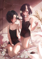 Rule 34 | 2girls, absurdres, bare legs, barefoot, black dress, black hair, blush, braid, breasts, brown hair, cleavage, closed mouth, collarbone, day, dress, eye contact, flower, hair flower, hair ornament, heart, highres, holding, holding another&#039;s hair, holding flower, horns, indoors, kneeling, lace, lace-trimmed dress, lace trim, light bulb, lily (flower), long hair, looking at another, looking back, multiple girls, original, purple eyes, red eyes, side braid, single horn, sitting, skin-covered horns, small breasts, smile, strap slip, sunlight, tail, thighs, timo wei95, wariza, white flower, yuri
