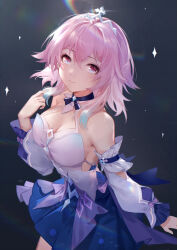 Rule 34 | 1girl, absurdres, blue skirt, breasts, cleavage, commentary request, cowboy shot, detached sleeves, highres, honkai: star rail, honkai (series), long sleeves, looking at viewer, march 7th (dress) (honkai: star rail), march 7th (honkai: star rail), medium breasts, miniskirt, nail polish, official alternate costume, pink hair, purple eyes, short hair, skirt, smile, solo, standing, tiara, woodylixx
