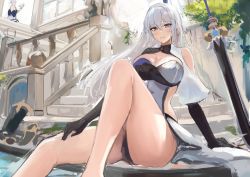 Rule 34 | 1girl, absurdres, aoi 13, arm support, bare legs, blush, breasts, bush, cleavage, commentary request, detached collar, dress, elbow gloves, gloves, highres, knee up, long hair, looking at viewer, medium breasts, original, parted lips, sitting, solo, stairs, sword, thighs, two-tone dress, weapon, white background, white dress