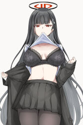 Rule 34 | 1girl, black bra, black hair, black jacket, black pantyhose, black skirt, blue archive, bra, breasts, bright pupils, clothes in mouth, clothes lift, collarbone, hair ornament, hairclip, halo, highres, jacket, lace, lace bra, large breasts, long hair, machismo fuji, mouth hold, open clothes, open jacket, pantyhose, pleated skirt, red eyes, rio (blue archive), shirt in mouth, shirt lift, skirt, solo, underwear, white pupils