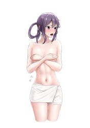 Rule 34 | 1girl, akebono (kancolle), breasts, covering breasts, covering privates, cowboy shot, highres, kantai collection, long hair, looking to the side, naked towel, navel, purple eyes, purple hair, shushan, side ponytail, simple background, small breasts, solo, topless, towel, towel around waist, very long hair, white background