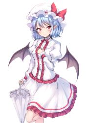 Rule 34 | 1girl, bat wings, blue hair, bow, center frills, closed mouth, closed umbrella, frills, hand on own chest, hand up, hat, hat bow, holding, holding umbrella, juliet sleeves, junior27016, leg up, long hair, long sleeves, looking at viewer, miniskirt, mob cap, neck ribbon, pointy ears, puffy sleeves, red bow, red eyes, red ribbon, remilia scarlet, ribbon, simple background, skirt, smile, solo, touhou, umbrella, white background, white hat, white skirt, wings, wrist cuffs