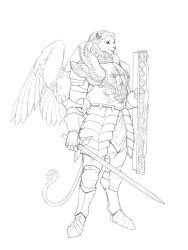 Rule 34 | armor, armored boots, boots, closed mouth, dungeon meshi, feathered wings, full body, gauntlets, highres, holding, holding sword, holding weapon, lineart, lion, living armor (dungeon meshi), looking ahead, male focus, monochrome, pauldrons, plate armor, shield, shoulder armor, simple background, smile, solo, standing, sword, weapon, winged animal, winged lion (dungeon meshi), winged sword, wings, wushutaichuitousangqideyizhichong