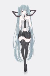 Rule 34 | 1girl, absurdres, arm tattoo, bare arms, bare shoulders, black footwear, black necktie, black skirt, black thighhighs, blue eyes, blue hair, breasts, bright pupils, earrings, full body, grey background, grey shirt, hands on own chest, hatsune miku, highres, jewelry, kazuna (kazzzuna), long hair, looking at viewer, medium breasts, midriff, navel, necktie, parted lips, pleated skirt, shirt, simple background, single earring, skirt, sleeveless, sleeveless shirt, solo, standing, stud earrings, tattoo, thighhighs, twintails, very long hair, vocaloid, white pupils, zettai ryouiki