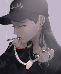 Rule 34 | 1girl, baseball cap, black hair, black hat, black sweater, chain, cigarette, ear piercing, grey background, hair behind ear, hat, highres, in mouth, jewelry, long hair, looking to the side, mano aaa, nail polish, necklace, orange nails, original, piercing, ring, smoking, solo, sweater