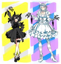 Rule 34 | 2boys, :d, absurdres, animal ears, arm up, black dress, black eyes, black hair, black vs white, blue eyes, bow, bowtie, bridal garter, carrot, corset, crossdressing, crossed legs, dress, eye contact, flower, food, frilled dress, frills, full body, hair flower, hair ornament, hairband, hand on own hip, hands up, height difference, high heels, highres, holding, holding food, juliet sleeves, kinako (marubotan), lolita fashion, lolita hairband, long hair, long sleeves, looking at another, male focus, multiple boys, open mouth, original, pantyhose, puffy sleeves, rabbit ears, short hair, smile, standing, striped clothes, striped legwear, striped thighhighs, sweatdrop, thighhighs, trap, white dress, white hair