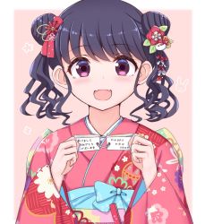 Rule 34 | 1girl, black hair, commentary, double bun, fangs, flower, fukumaru koito, hair bun, hair flower, hair ornament, highres, idolmaster, idolmaster shiny colors, japanese clothes, kimono, looking at viewer, nagi uru, note, open mouth, pink kimono, purple eyes, skin fangs, solo, translated, twintails, upper body, wide sleeves