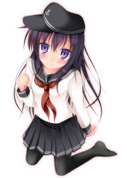 Rule 34 | 10s, 1girl, akatsuki (kancolle), black hair, clenched hand, clothes pull, hat, kantai collection, kneeling, long hair, looking at viewer, narumi yuu (imitmoon), neckerchief, pantyhose, pantyhose pull, purple eyes, red neckerchief, skirt, smile, solo