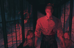 Rule 34 | 1boy, 2girls, artist name, asymmetrical bangs, blood, blood on clothes, blood on face, burning, child, collared shirt, commentary, cowboy shot, dress, english commentary, fire, getou suguru, hair bun, hallway, high-waist pants, holding, holding stuffed toy, indoors, jujutsu kaisen, lisa buijteweg, looking at viewer, mimiko (jujutsu kaisen), monster, multiple girls, nanako (jujutsu kaisen), pants, red theme, shadow, shirt, shirt tucked in, side-by-side, single hair bun, sleeveless, sleeveless dress, sleeves rolled up, sliding doors, smoke, stuffed toy, torn clothes, torn sleeves, updo, walking