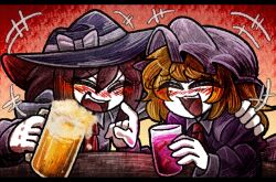 Rule 34 | +++, 2girls, ^ ^, alcohol, arm around neck, ascot, beer, beer mug, black border, black headwear, blonde hair, blush, border, bow, closed eyes, collar, collared dress, collared shirt, commentary, cup, dress, drink, drunk, eyelashes, fang, glass, gradient background, hand on another&#039;s shoulder, hat, hat bow, highres, holding, holding drink, ice, ice cube, laughing, letterboxed, long hair, long sleeves, maribel hearn, mob cap, mug, multiple girls, necktie, open mouth, pointing, pointing at another, purple dress, purple sleeves, red ascot, red background, red necktie, shirt, smile, suenari (peace), symbol-only commentary, table, teeth, touhou, upper body, upper teeth only, usami renko, v-shaped eyebrows, white bow, white collar, white headwear, white shirt, white sleeves, yellow background