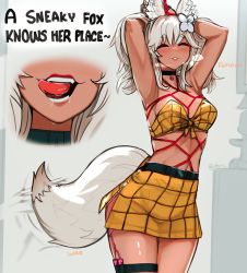 Rule 34 | 1girl, ^ ^, animal ear fluff, animal ears, armpits, arms behind head, arms up, bdsm, black choker, blush, bondage, bound, breasts, choker, closed eyes, commentary, dark-skinned female, dark skin, drooling, ehrrr, english commentary, english text, flower, fox ears, fox girl, fox tail, hair flower, hair ornament, heavy breathing, highres, licking lips, medium breasts, meme, midriff, open mouth, original, parted lips, rope, saliva, sex toy, shibari, smile, tail, tail wagging, teeth, thighhighs, tongue, tongue out, twitter username, vibrator, vibrator in thighhighs, vibrator under clothes, white background