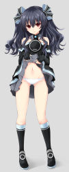 Rule 34 | 1girl, bare shoulders, black dress, black gloves, black hair, blush, clothes lift, dress, dress lift, elbow gloves, fingerless gloves, gloves, grey background, hair between eyes, hair ribbon, highres, iwashi dorobou -r-, legs, lifted by self, long hair, looking at viewer, navel, neptune (series), open mouth, panties, red eyes, ribbon, simple background, smile, solo, thighs, tongue, tongue out, two side up, underwear, uni (neptunia), white panties