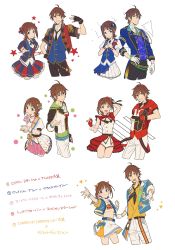Rule 34 | 1boy, 1girl, ahoge, amagase touma, amami haruka, black gloves, black pants, black shirt, blue jacket, blue ribbon, blue vest, brown eyes, brown hair, buttons, chain, cheer up! hearts up!, chestnut sigure, commentary request, constellation, crossed legs, epaulettes, fingerless gloves, frilled skirt, frills, gloves, grateful blue (idolmaster), green eyes, grin, hair ribbon, hand on own hip, hand up, hands on own chest, hat, highres, idolmaster, idolmaster (classic), idolmaster million live!, idolmaster million live! theater days, idolmaster side-m, jacket, long sleeves, looking at viewer, midriff, multicolored clothes, multicolored jacket, multicolored ribbon, multicolored skirt, navel, necktie, nouvelle tricolore (idolmaster), pants, pleated skirt, print shirt, puffy short sleeves, puffy sleeves, red headwear, ribbed hat, ribbon, royal starlet (idolmaster), shirt, short hair, short shorts, short sleeves, shorts, skirt, smile, star (symbol), star ornament, tank top, thighs, top! clover, vest, white gloves, white shirt, white shorts, white skirt, white tank top, wristband, yellow ribbon, yellow shirt