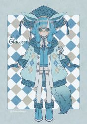 Rule 34 | 1girl, artist name, blue hair, blush, boots, cardigan, character name, closed mouth, commentary request, creatures (company), full body, game freak, gen 4 pokemon, glaceon, glasses, gloves, green gloves, grey thighhighs, hat, highres, long sleeves, looking at viewer, narumame, nintendo, personification, pokedex number, pokemon, pokemon ears, ribbon, round eyewear, short hair with long locks, shorts, solo, standing, thighhighs