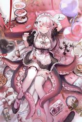 Rule 34 | 1girl, absurdres, alcohol, amputee, apron, balloon, bandaid, black footwear, blood, blush, breasts, broken plate, candy, coach, cupcake, drink, drugs, feet, food, guro, highres, huge filesize, indoors, knife, large breasts, long hair, looking at viewer, maid, maid apron, maid headdress, name tag, open mouth, original, pancake, pie, pill, plate, red eyes, short sleeves, sitting, solo, tentacles, thighhighs, thighs, translation request, white thighhighs, y o u k a