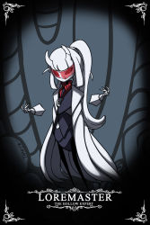 Rule 34 | 1girl, absurdres, arthropod girl, artist name, black horns, character name, coat, commentary, dated, disembodied hand, english commentary, english text, full body, goggles, helltaker, highres, hollow knight, horns, lab coat, long hair, looking at viewer, loremaster (helltaker), open clothes, open coat, parody, ponytail, red-tinted eyewear, red-tinted glasses, signature, solo, standing, style parody, sunglasses, taphris, tinted eyewear, visor, white coat