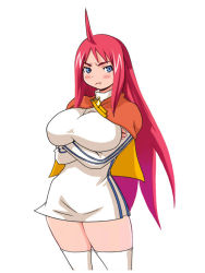 Rule 34 | 1girl, :t, ahoge, angry, blue eyes, blush, breast rest, breasts, crossed arms, dress, huge breasts, long hair, long sleeves, red hair, ryoji (nomura ryouji), shawl, simple background, solo, thighhighs, white background, white thighhighs