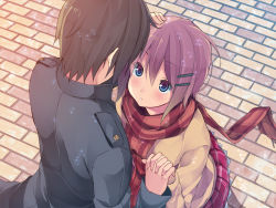 Rule 34 | 1boy, 1girl, bad id, bad pixiv id, blue eyes, blush, brown hair, couple, hair ornament, hairclip, holding hands, hand on head, height difference, hetero, interlocked fingers, itsui (dihydrogenmonoxid), jacket, looking up, minase yuu, open mouth, original, own hands together, pink hair, plaid, plaid scarf, red scarf, scarf, school uniform, short hair, skirt