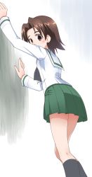 Rule 34 | against wall, arms up, black neckerchief, black socks, blush, brown eyes, brown hair, commentary request, covered mouth, feet out of frame, girls und panzer, green skirt, highres, kneehighs, leaning on object, long sleeves, looking at viewer, looking back, neckerchief, ooarai school uniform, osamada meika, parted bangs, sailor collar, sawa azusa, school uniform, serafuku, shirt, short hair, simple background, skirt, sleeve cuffs, socks, solo, standing, uniform, white background, white shirt