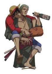 Rule 34 | 2boys, alcohol, artist name, black hair, boned meat, bottle, closed mouth, drink, food, full body, green hair, hat, holding, holding bottle, holding food, katana, meat, monkey d. luffy, multiple boys, one eye closed, one piece, open clothes, roronoa zoro, sandals, scar, scar across eye, scar on chest, scar on face, short hair, sid (skxviii), simple background, straw hat, sword, veins, weapon, white background