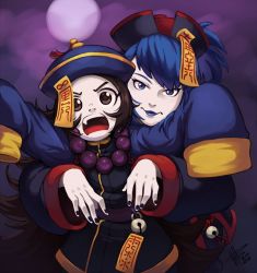 Rule 34 | 2girls, bead necklace, beads, blue eyes, blue hair, brown eyes, brown hair, chang koehan, china dress, chinese clothes, dress, genderswap, genderswap (mtf), halloween, halloween costume, happy halloween, hat, jewelry, jiangshi, jiangshi costume, leona heidern, long hair, mateus upd, multiple girls, necklace, ofuda, outstretched arms, pretty chang, qingdai guanmao, sleeves past fingers, sleeves past wrists, snk, talisman, the king of fighters, the king of fighters all-stars, zombie pose