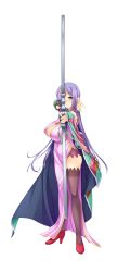 Rule 34 | 1girl, absurdres, arrow (projectile), black legwear, blue eyes, blush, bow (weapon), breasts, cape, china dress, chinese clothes, cleavage, cleavage cutout, clothing cutout, dress, feathers, full body, game cg, gloves, hair ornament, high heels, highres, holding, holding bow (weapon), holding weapon, koihime musou, kouchuu, large breasts, long hair, mature female, no bra, official art, purple hair, shin koihime musou, side slit, smile, solo, standing, transparent background, weapon, yatsuha kanan
