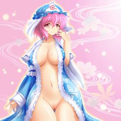 Rule 34 | 1girl, bad id, bad pixiv id, breasts, female focus, hat, japanese clothes, large breasts, navel, open clothes, open robe, pink eyes, pink hair, pussy, robe, saigyouji yuyuko, shin&#039;en (gyokuro company), short hair, solo, thigh gap, touhou, uncensored, wide hips
