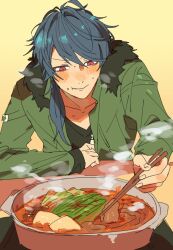 Rule 34 | 1boy, ahoge, arisugawa dice, asymmetrical hair, black shirt, blue hair, blush, chewing, chopsticks, coat, eating, food, fur trim, green coat, green jacket, hand on table, holding, holding chopsticks, hypnosis mic, jacket, leaning forward, long hair, looking at food, messy hair, nose blush, pink eyes, shirt, steam, sweat, swept bangs, v-neck, v-shaped eyebrows, wata i, yellow background